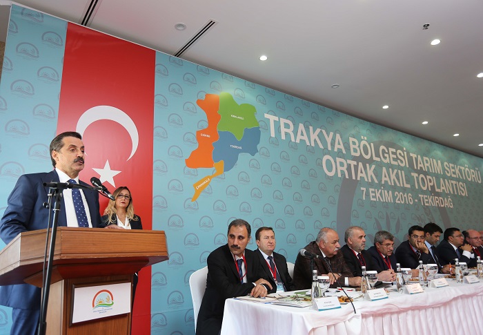 Gıda, Tarım ve Hayvancılık Bakanı Faruk Çelik, Tekirdağ'da düzenlenen Trakya Bölgesi Tarım Sektörü Ortak Akıl Toplantısına katıldı. Bakan Çelik, toplantıda bir konuşma yaptı. ( Emrah Gökmen - Anadolu Ajansı )